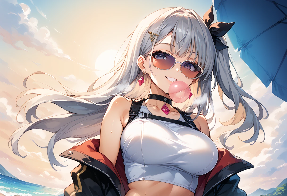 score_9,score_8,score_7,score_8_up,score_7_up a cartoon girl with big bunny ears wearing swimwear giving the peace sign, 1girl, breasts, blue eyes, solo, animal ears, navel, v, large breasts, eyewear on head, ponytail, grey hair, jacket