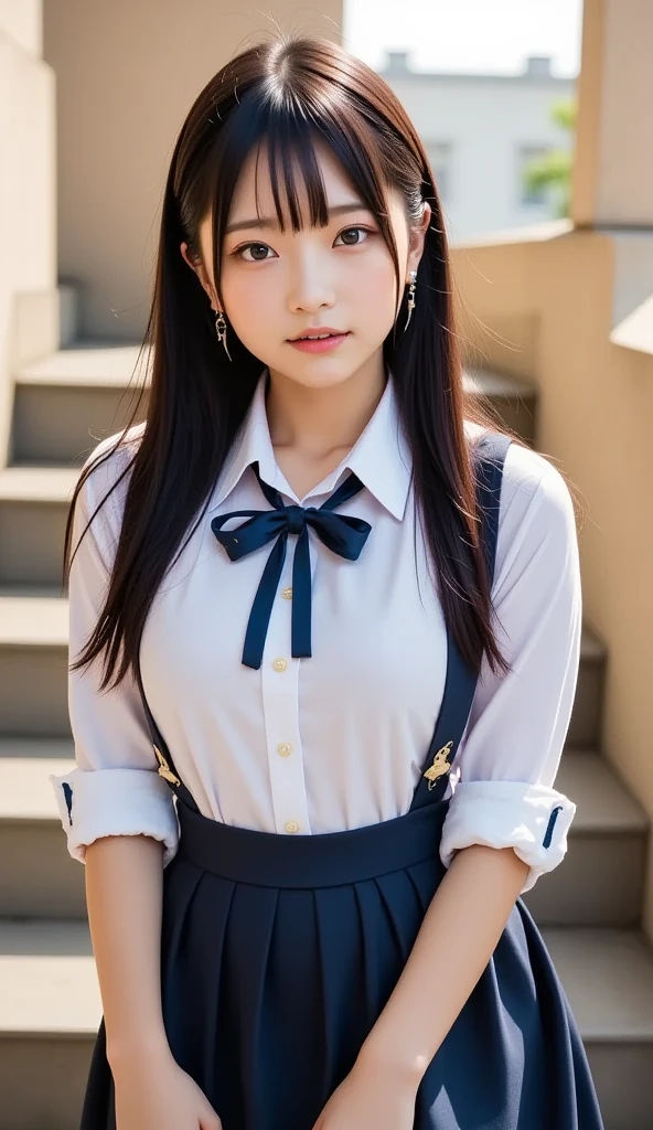 Very detailed CG Unity 8k wallpaper、highest quality、Very detailed、masterpiece、reality、Photorealistic、Very detailedなかわいい女の子、18-year-old、(High school girl in Japan uniform)、((White short sleeve buttoned shirt:1.4))、((Shooting from the front:1.4))、((Dark blue bow tie:1.4))、((Sitting on a red sofa:1.4))、((Model pose:1.4))、blush、Cleft lip、Looking at the audience、((Cowboy Shot:1.4))、(Navy blue short pleated skirt,:1.5)、(short sleeve white shirt for students)、(Straight medium long hair:1.7)、(Beautiful Face:1.3)、(Perfect Proportions:1.2)、(Long legs:1.2)、(Small breasts:1.3)、((Upper Body))、((White panties are visible:1.4))、Angle from below、reality、smile:1.7、