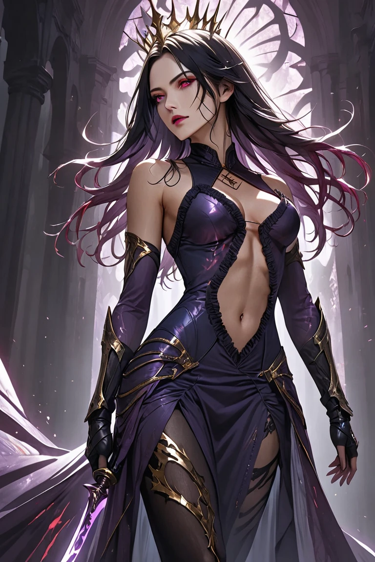 a detailed portrait of a female assassin in a dark fantasy setting, with long flowing hair in shades of black and purple, Tattood on the face, piercing blue, wearing a sleek black leather outfit , including dragon scales tattoos on her arms. She stands in a dimly underground chamber, holding two curved daggers , The scene is illuminated with flickering torches [flickering torches], casting shadows and enhancing the suspenseful atmosphere. The color palette is predominantly dark and moody, with hints of red and purple accents , creating a sense of mystery and danger. The lighting emphasizes the sharp edges and intricate details of the assassin's attire and tattoos, adding depth and texture to the overall composition . The image is of the highest quality, with extreme attention to detail , showcasing the artist's technical expertise and mastery of light and shadow. The art style is realistic yet with a touch of fantasy.