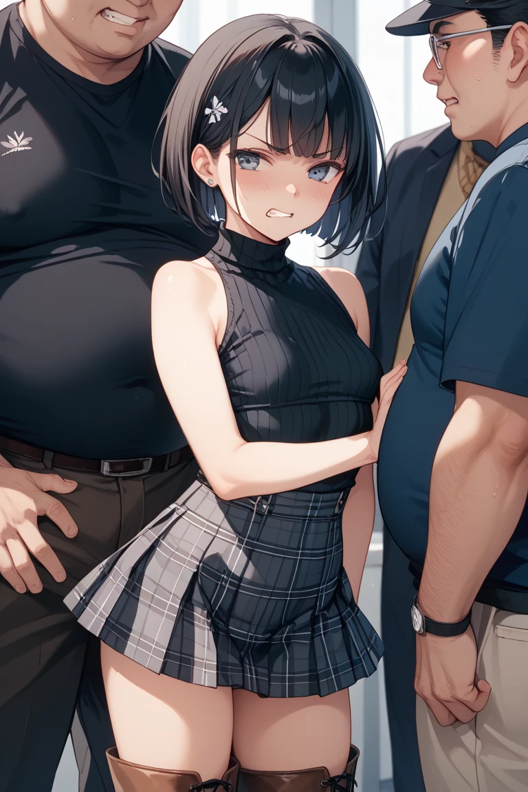 score_9, score_8_up, score_7_up, source_anime, black_haired female, goth, gothic, short_hair, looking at viewer, undressing, embarrassed, outdoors, ((undressing)), thighhighs, black clothes, goth girl, ikuchan, solo, clothed, gyaru fashion, cum on stomach, short black hair female, matoi rykou, ((embarrassed)), shy, 3boys, watching, boys cheering, smug boys, horny boys, faceless male, ((covering breasts)), looking away, ((horny men)), ((perverted men)), humiliation, men laughing, men chuckling