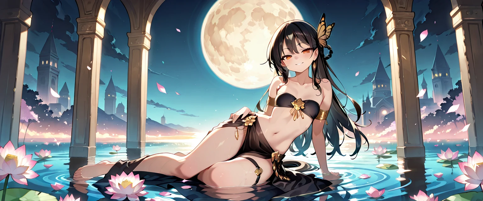 (Hindu city))), (((the best building)))((solo character, sexy pose, arms above head, hands behind head, arched back)) loli anime girl with lotus flower, lotus flowers on water, dark lighting, ((dark skin)), slim body, small stature, black hair, ((black hair, pink eyes)), messy hair, long hair, open mouth, sharp teeth, blushing, saliva, ((gold bikini with jewels, cameltoe, white thighhigh socks with floral design, gold slippers with jewels, multiple gold bracelets with jewels, multiple gold necklace with jewels, multiple gold hair ornaments with jewels, lotus flower in hair)), slim body, slender body, smooth skin, wet skin, oil on skin, ((gold sparkles, magic sparkles)), master piece, best quality, 1 girl, very long legs, very tall, mature body, mature lady, --auto --s2