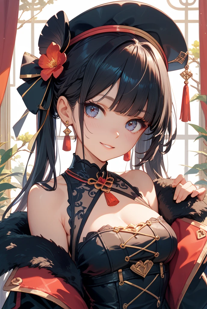 a mature woman with long black hair in an updo, wearing a red hanfu that shows her cleavage and shoulders, with beautiful black eyes, (best quality,4k,8k,highres,masterpiece:1.2),ultra-detailed,portrait,high fashion,dramatic lighting,intricate details,warm colors,cinematic, huge breasts