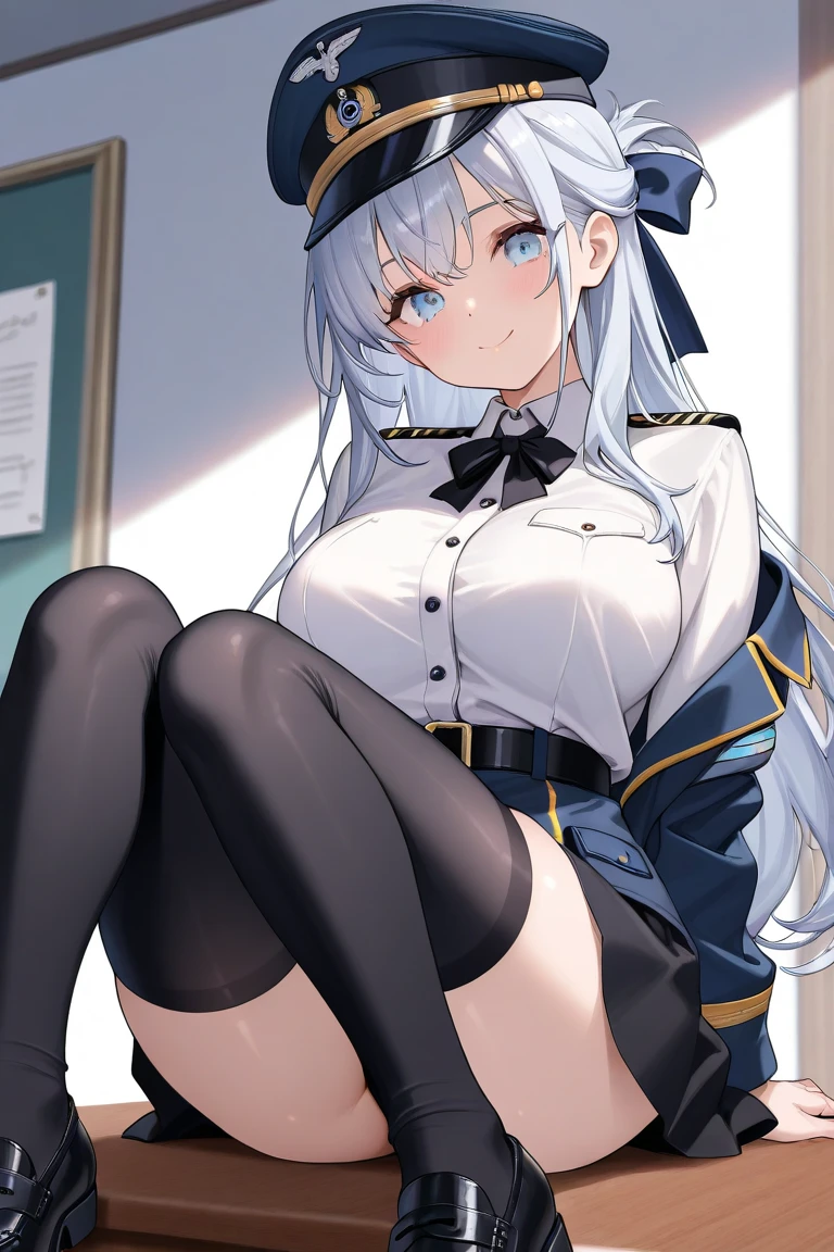1 girl,Solo,between thighs,masterpiece best quality,very aesthetic,absurdres,medium bangs,big breast,crotch,silver and blue,Bluish silver,military hat,White jacket,jacket,sleeve,miniskirt,front view,stocking,(open),panties,stocking