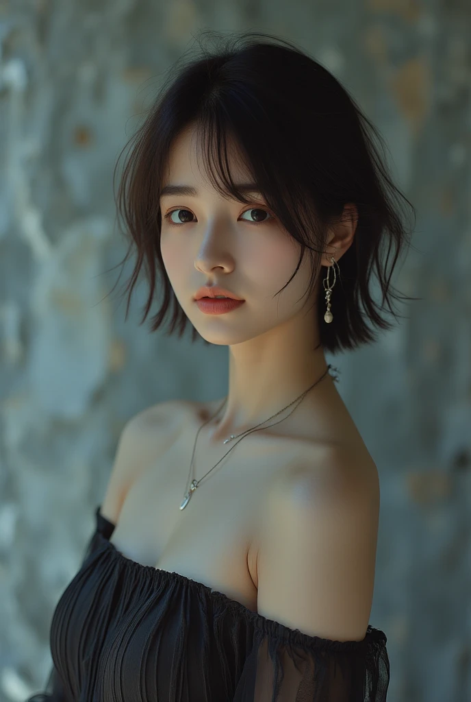 An unparalleled masterpiece of ultra-realistic film photography, with minute details (anatomically perfect and accurate body depiction: 1.6), a close-up of the woman's upper body, short black bob hair, minimal, elegant makeup, a shy smile, an off-the-shoulder black knit, striking shadow lighting that accentuates the woman's beauty, and a mottled grey and light blue space in the background.