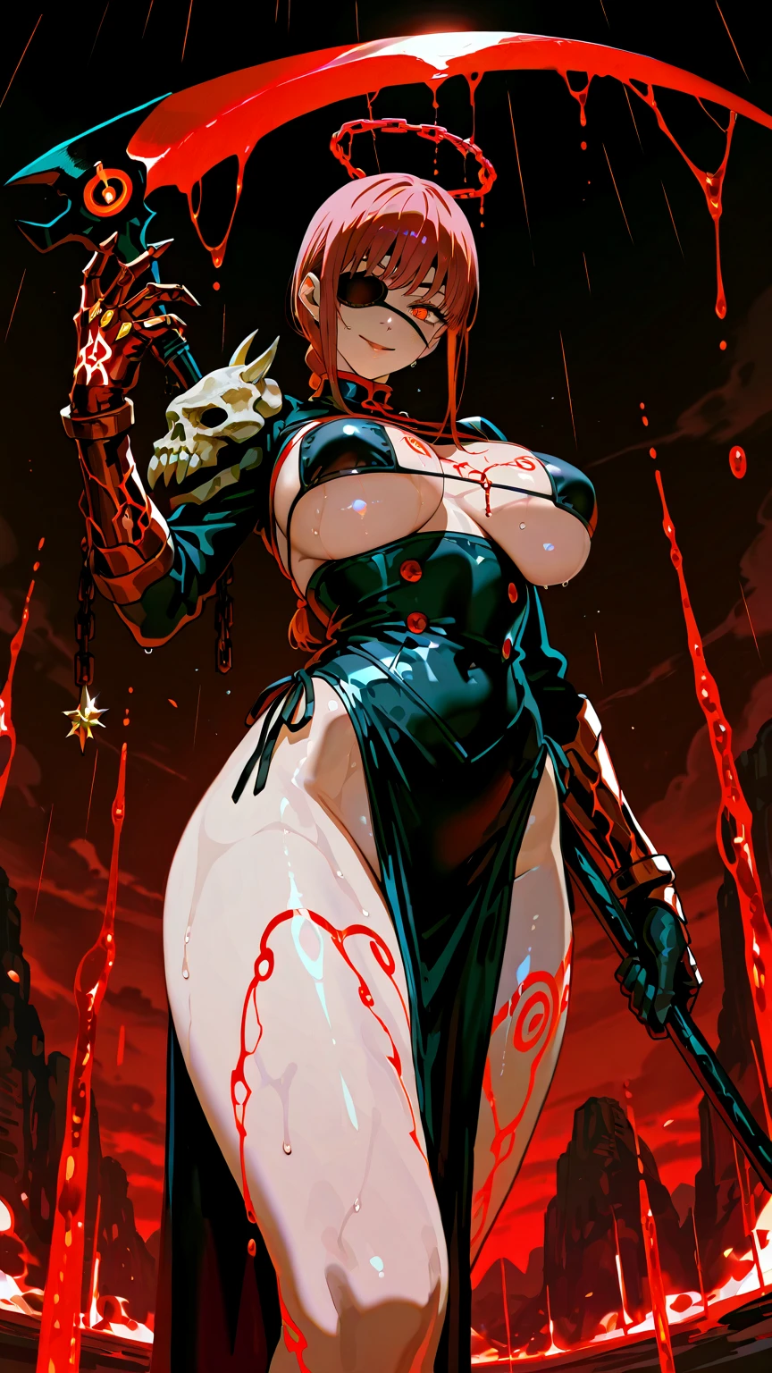 ({masterpiece}},{best quality,}，white background,full body,fantastic,1 female demon，Aggressive，，Red skin，Horns，Chainsaw sword，Brass decoration，strong，Sexy，({masterpiece}},{best quality}