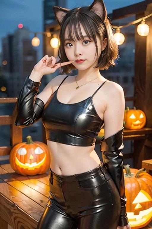masterpiece, top-quality, top-quality, Beautifully Aesthetic:1.2, 1girl, Halloween party night, ((Wearing a high-quality Sexy cat costume of fur, gloves of cat, cat paw-shaped shoes, garter belt, fishnet stockings, shiny slit miniskirt):1.2), high detailed, (Standing leaning against the wall with paw pose:1.3), (large breasts:1.2), (firm breast, nicely shaped breasts), slender figure,
((Dark Brown Hair)), wavy hair, ((medium hair:1.2)),
((in A modern street of decorated for Halloween in Shibuya at late night:1.2)), (Upper body shot:1.1), (From side:1.2), (Focus on face:1.1), ((looking at viewer:1.2)),