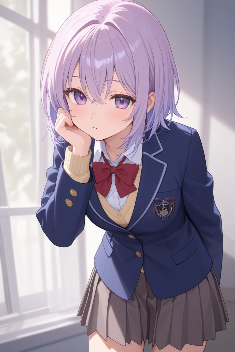 A masterpiece in every detail、highest quality、Realistic、1 girl、solo、18-year-old、looks like a 5 year old、140cm beautiful girl、5 year old baby face、Silky Hair、Gradient Bob Forward、Pink and purple mesh、low price、 Big eyes、Outstanding looks、lovly、laughter、blush、full of embarrassment、blue hat、shin、pink bow tie、uniform、青いJacket、Jacket、skirt、グレーskirt、shirt、white、feet、black socks、Topless、hair ornaments、interior view、Beautiful eyes in every detail、realistic eyes、panties 、（（（（pantiesをプレゼント、パンティーを手に持つ、パンティーを両手で持つ））））