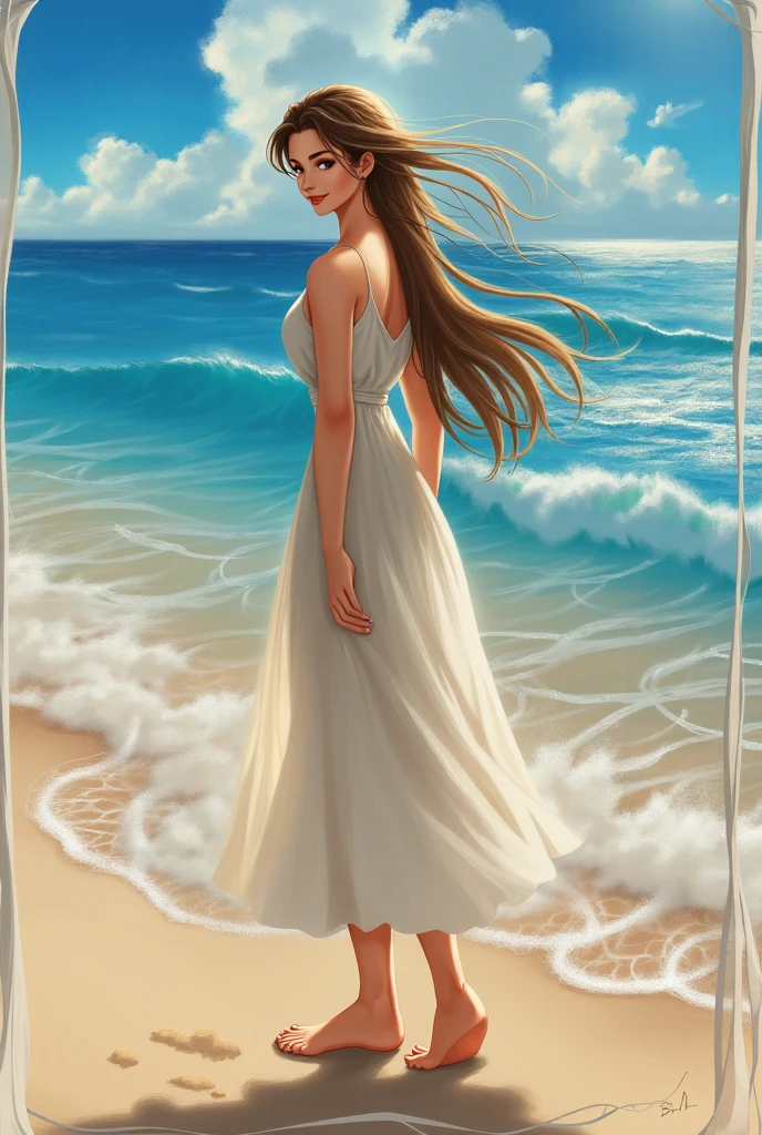 Illustration for the painting, beautiful girl against the background of the sea