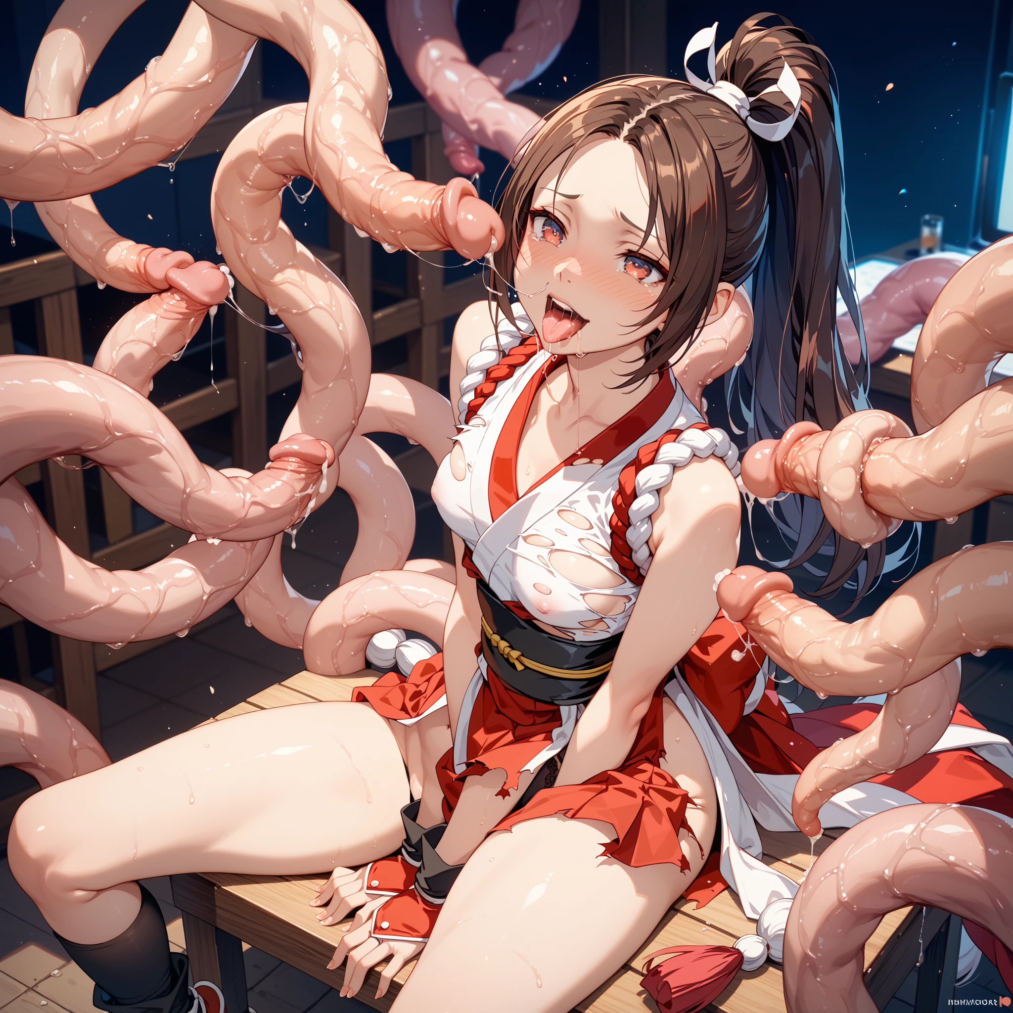 perfect hand,perfect anatomy,big moon night,masutepiece,Best Quality,Ultra-detailed,High resolution,Unity 8k壁纸,super detailed skin,Cinematic lighting,Beautiful detailed eyes,(Ideal ratio body proportions,small breasts:1.5), bikini of, underboob, Small bikini,((slim)), Thin, an hourglass figure, Toned, Flat belly, (wide hips), (bear a child on the hip), micro bikini, thick thighs,Tentacles are touching the crotch、Tentacles are touching the chest、Tentacles restraining limbs、((Octopus near the crotch))、octopus pit、(((vulgarity,orgasm)))、