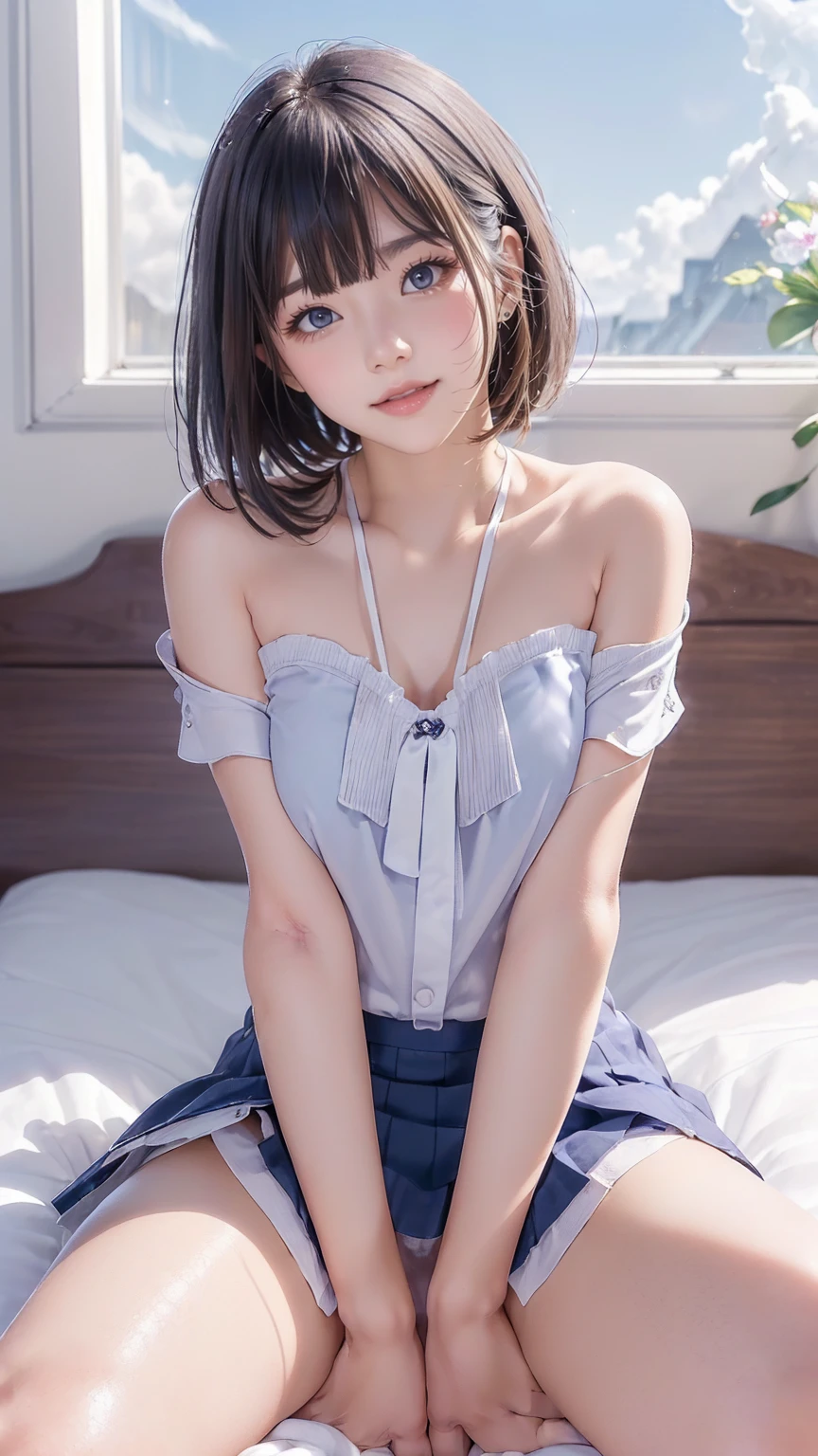 realism neat beautiful japanese girl age is 19 features of the whole body black hair medium straight bob cut hair style beautiful small face with boyish eyes only dark blue pupils very thin upper lip milky white skin accurate attractive body shape beautiful chest choker on neck white shirt and navy blue tie navy blue short skirt light blue panties and bra