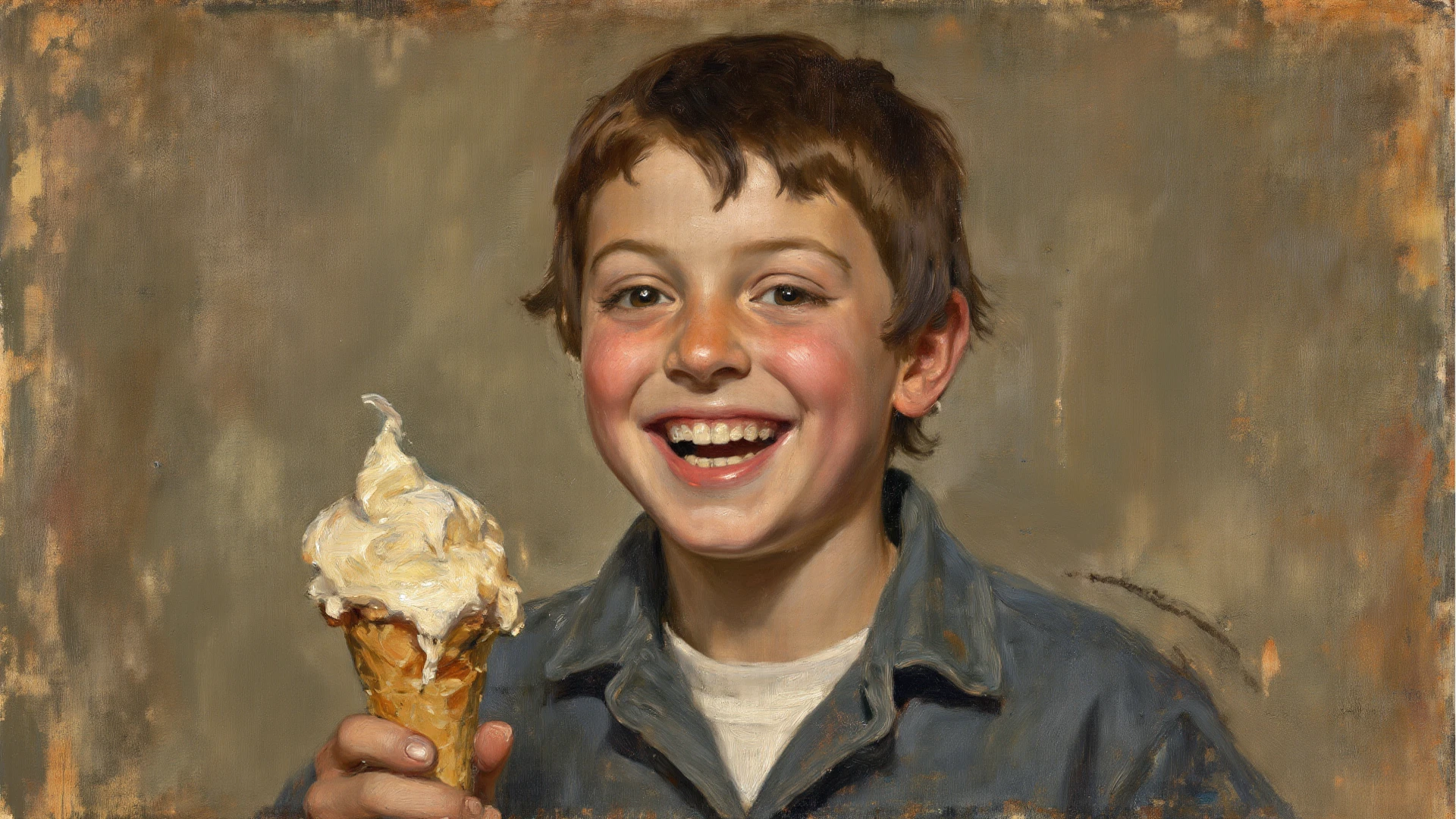 realistic, detailed illustration, 1 boy, toddler, two-year-old, eating ice cream cone, joyful expression, eyes closed, soft warm colors, fine details, simple background, hand-painted style, digital art touch,illustration, Watercolor