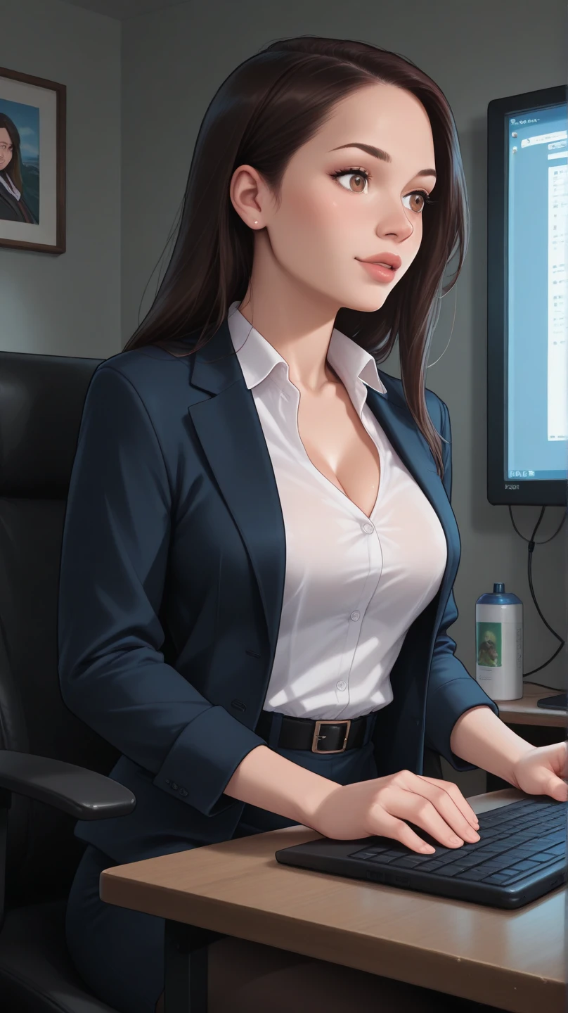 an asian woman sitting in the office room, a white wall, a grey table, posters on the wall, sexy poses, (((masterpiece))), ((best quality)), ((intricate detailed)), ((Hyperrealistic)), absurd res, milf, mature woman, perspective, highly detailed, illustration, 1girl, ((big breasts)), perfect hands, detailed fingers, beautiful detailed eyes, long hair, brown eyes, nametag, CEO, (business outfit:1.2), open office shirt, cleavage, tight skirt, black choker, earrings, stockings, detailed background, bedroom, perfect eyes, seductive eyes, looking at the viewer, from front