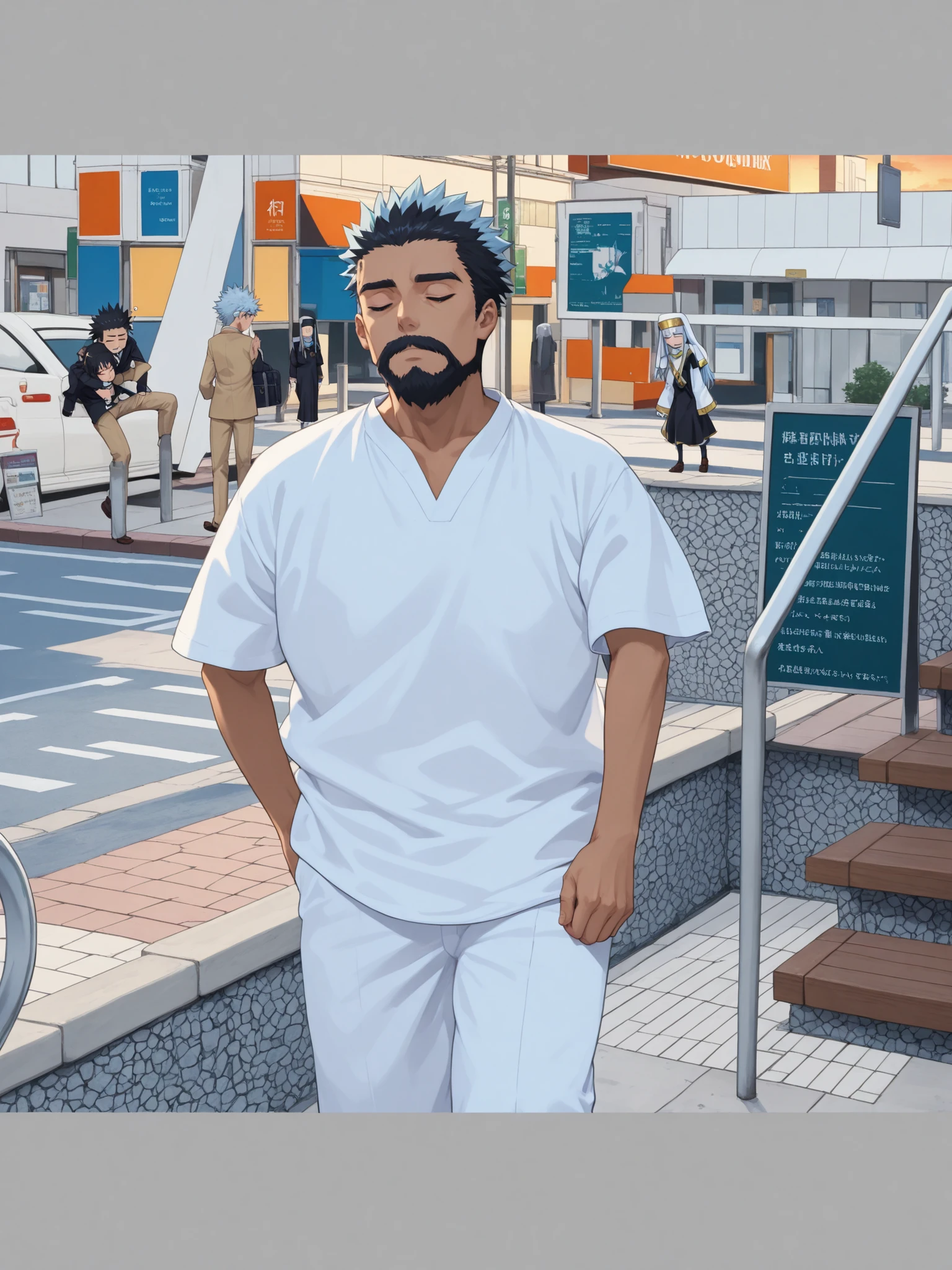 A Certain Magical Index, boy is carrying a sleeping girl on his back, piggyback, On the sidewalk of Academy City, (1boy, Touma Kamijou, black hair, spiked hair, black eyes, (Sanpaku eyes:0.8), black School uniform, tired, looking down), (1girl, KJOindex, closed eyes, sleepy, light blue hair, long hair, nun, White habit, nun headdress, gold trim), medium shot, from side above, Sunset, backlighting, long shadows