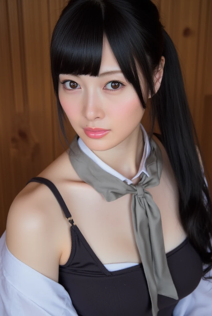 (skin blemish:0.8), (skindentation), black eye, 1woman, 25yo, (((woman))), solo, realistic, best quality, photorealistic, masterpiece, 8k, high res, solo, extremely detailed face, (professional lighting, bokeh), (light particles, lens flare, glowing particles:0.6), (dynamic pose:1.2), soft lighting, top angle view, fashionable and trendy atmosphere, japan,  hotel, bedroom, bed, bathroom, ((daytime)), sky, ((looking at the viewer:1)), (looking at the camera),(portrait:0.6), (whole body photo:1),  gorgeous, lay down, keep original facial proportion, wide shoulder, (medium breast), (medium hair), brown hair, floating hair, lips, lipstick, seductive smile, floating hair, smile, open mouth, teeth, (underwear:1), lace bra, panties,  eyelashes, mole, (mole under eye:1),