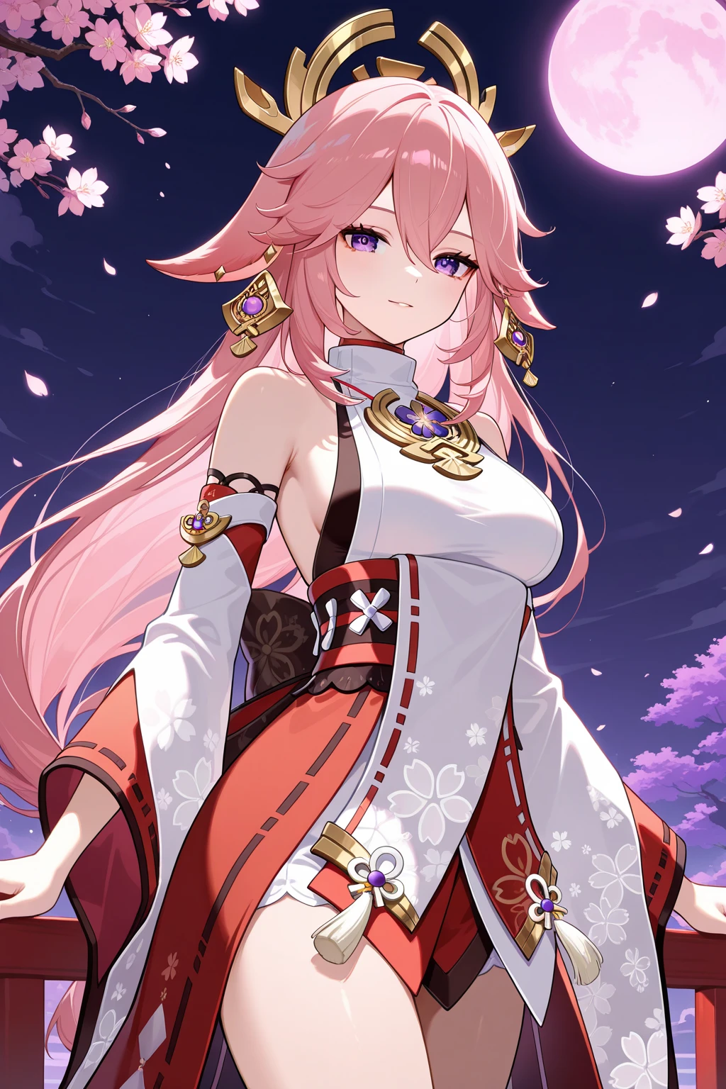 (Masterpiece) Purple and pink light effects, Japanese Shrine, cherry trees, anime girls, Yae Miko, solo girls, 4k, 5k,