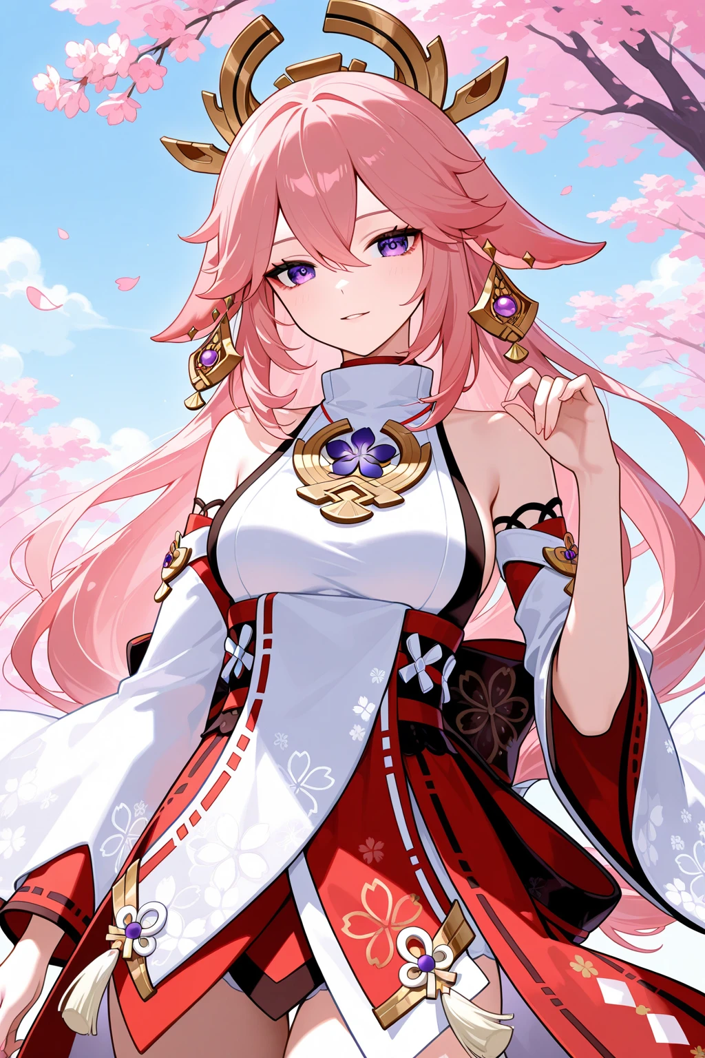 absurdres, masterpiece, best quality, ultra-detailed illustration, original, <lora:yaeMikoRealistic_yaemikoFull:0.5>, genshin impact, yae miko, 1girl, animal ears, branch, breasts, cherry blossoms, closed mouth, cowboy shot, earrings, flower, fox ears, japanese clothes, jewelry, long hair, looking at viewer, medium breasts, nontraditional miko, outdoors, pink hair, purple eyes, purple flower, ribbon-trimmed sleeves, ribbon trim, sidelocks, smile, solo, wide sleeves, dynamic pose, kantoku, <lora:kantokuV2:1>