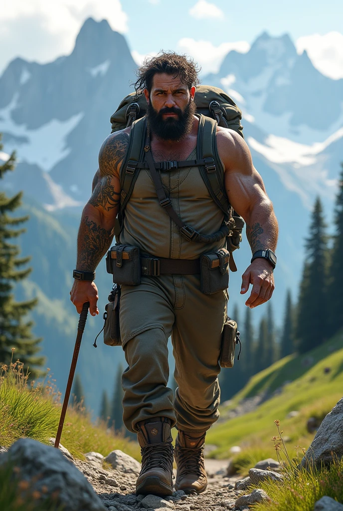 A fat Teton with a backpack facing forward