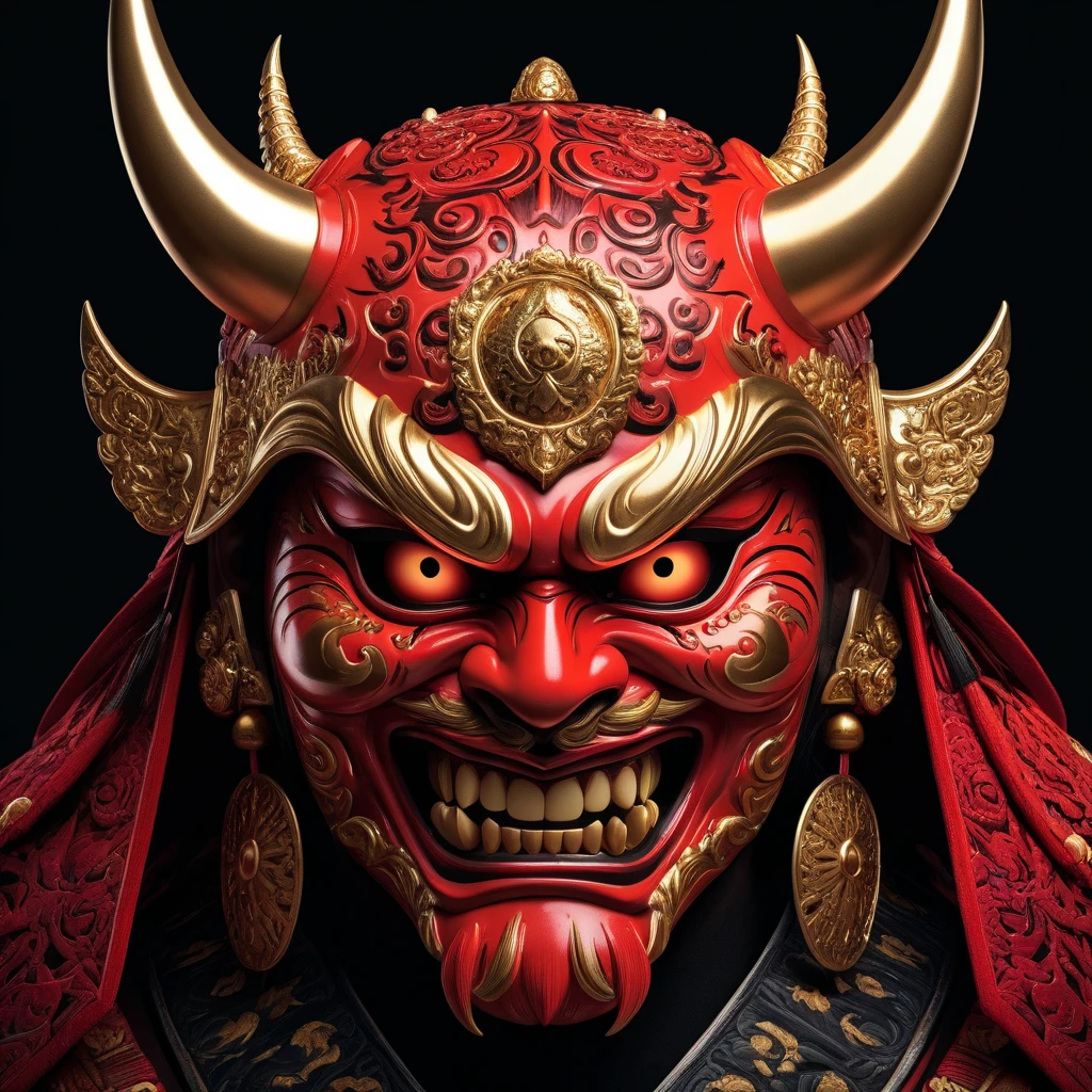 4K wallpaper, solid black background with a red Oni Samurai mask with golden details in the middle of the image, with red and gold details, oriental on the edges, minimalist --auto --s2