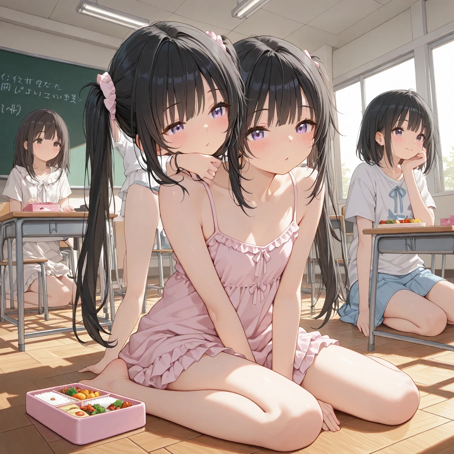 (cute eyes:1.2), (sparkling eyes:1.2), (8K、Best image quality、highest quality、masterpiece)、Detailed face、(2 girls)、Improve、(Black Hair, Purple Eyes, long hair)、(open mouth), (embarrassed), (skinny body:1.1),(medium breasts), (Naked Towel:1.3), (squatting), Classroom Background, (Waistline:1.1)