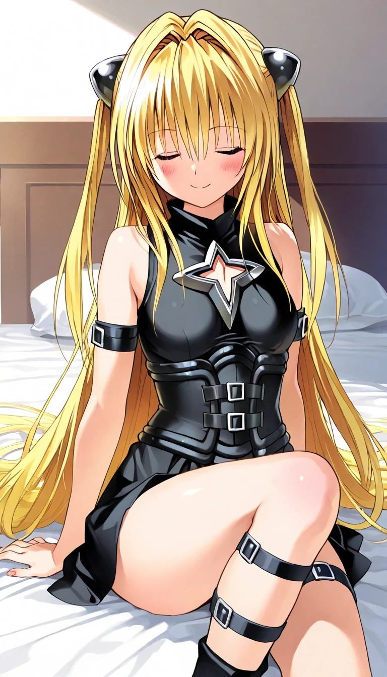 mansion bedroom, In the middle of the night, Moonlight, Sitting on the bed, (masterpiece:1.4), (Highest quality:1.4), Realistic, One girl, konjiki_phi_mine, Golden Hair, Very long hair, Both sides up, hair ornaments, Exposing shoulders, Black Dress, Clothing cutouts, Removable sleeves, belt, Thigh straps, smile, Swayback stance, armpit:1.4, Open your mouth, Outdoor, unity 8k wallpaper, (figure:0.8), (Beautiful attention to detail:1.6), Highly detailed face, Highly detailed CG, (3D Face:1.1), (Shiny skin:1.5), (Ultra-high resolution intricate face details), (Facial skin pores:1.3), Ultra high resolution cloth texture, (Canon EOS-1D X Mark III camera for outstanding detail:1.2), (Combined with Canon EF24-70mm f/2.8L II USM Lens:1.2)