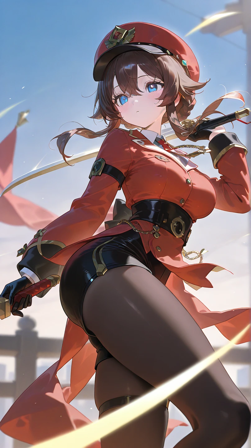 (One Woman),(Best image quality, 32K, masterpiece:1.3),((Brown medium hair:1.1)),(Swept-apart bangs,), (Cute eyes, Dark Eyes), (Detailed eyes),(Mole under right eye), (Standard weight), (Glowing Skin:1.1),(Pale skin:1.2),(A fantastic atmosphere),(look up),Ultra-high resolution, Textured skin, Sparkle Effect, whole body,absolute thigh area,Red Mage,Thunder Effect,
Red Musketeer Outfit,Red Musketeer's White Feathered Hat,Have a rapier,Produces magical lightning from hands,magic circle,Red Cape,Black scarf,Red, luxurious long boots,Black Mini Skirt,Red luxurious long gloves,Leg belt,Leg Ring,Rapier sheath,Lightning aura,
Slanted Eyes,
Ancient temple,