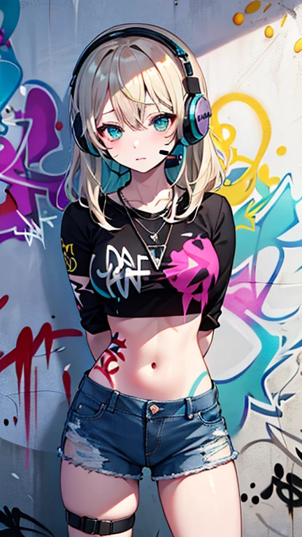 Masterpiece, best quality, 1 girl, alone, crop top, Denim shorts, choker, (graffiti:1.5), splash of color, arms behind back, against the wall, look at viewer, armband, thigh strap, paint on body, tilt your head, bored, colorful hair, tear, headset,