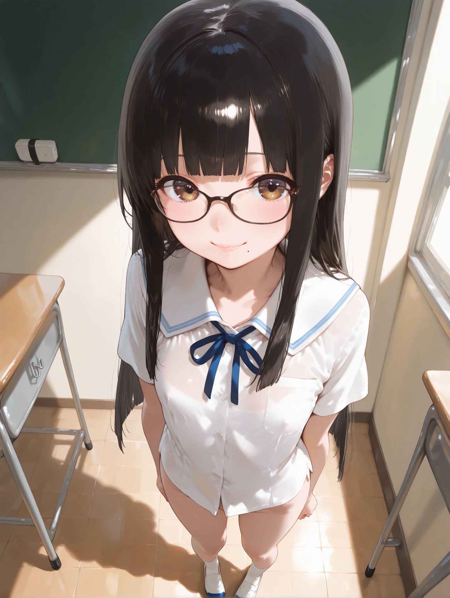 Highest quality,masterpiece,Fine pubic hair,Simple,Black Hair,Classmate,classroom,Glasses,Quiet,Small breasts,Nude photo shoot,Graduation Project,Nipples
