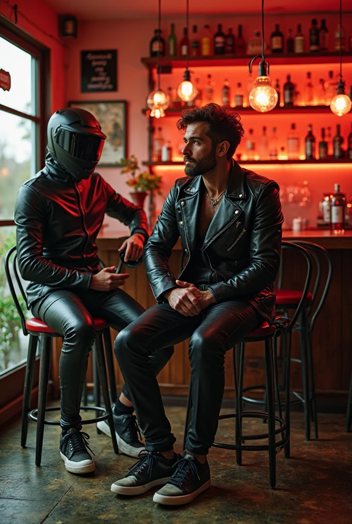 Young white man with black straight hair, wearing red dress shirt, black pants, shoes black, kissing a mature white man, gray hair with bangs, wearing black leather jacket, calça jeans preta destroyed, military boots, in a bar with neon lights and a neon cross nailed to the back wall, realisitic, realisitic 