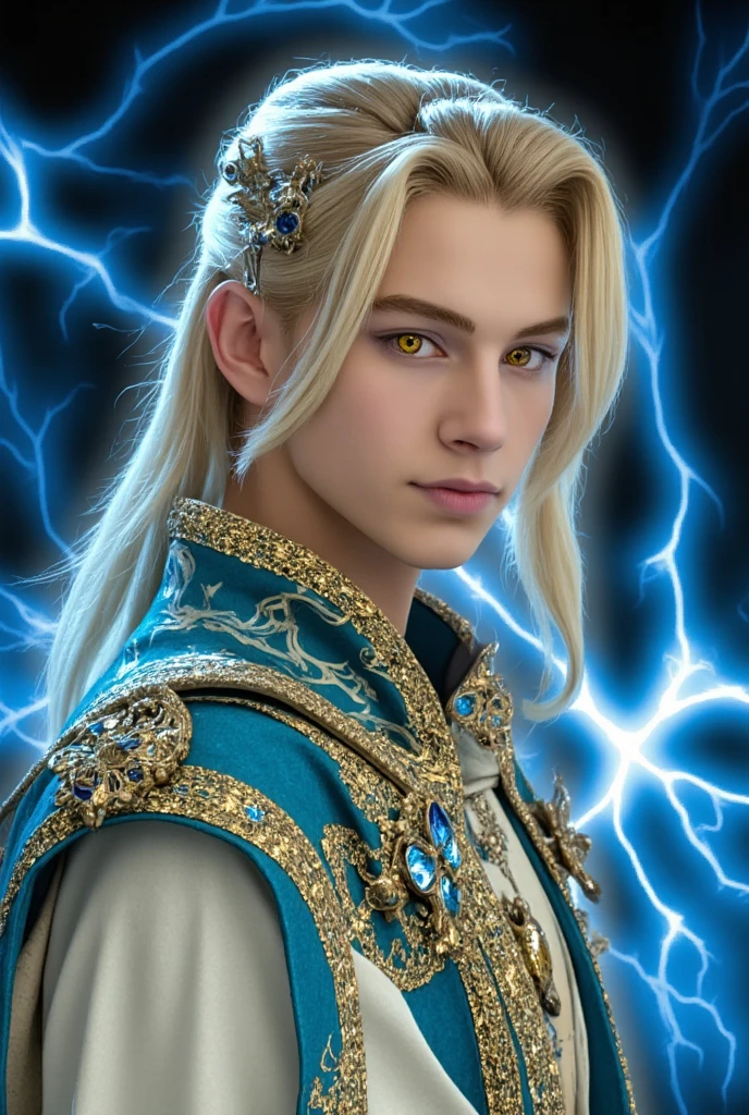 create man, 22 years old, viking, short yellow golden hair, golden eyes, tanned skin, golden prince clothes, golden dragon background, handsome, broad shoulders, hdr, hd, 8k, 4k