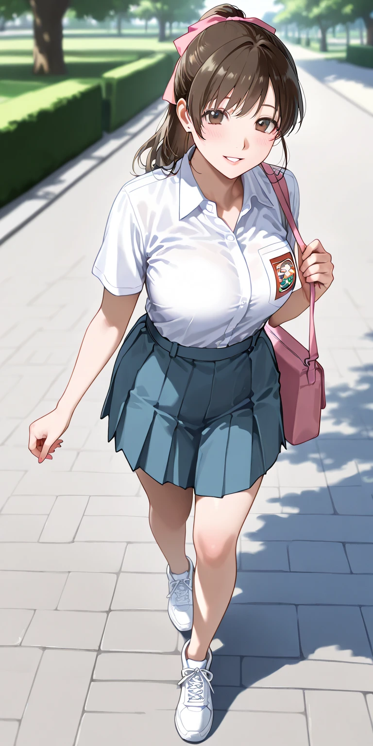 ((((kipteitei art)))), ((highres)),Masterpiece, high quality, best quality, beautiful, perfect lighting, detailed face, ultra cute face, ((1girl)), ((solo), brown hair, bob cut, bangs, ((fluffy hair)), brown eyes, nervous look, shy, embarrassed, weight conscience blush, ((school uniform)), ((tan Blaser sweater)), (tight clothes)), ((undersized skirt)), school bag on shoulder, thigh highs, green skirt, outside, walking though suburb, ((small breasts)), perky breasts, ((wide hips)), (((thick thighs))), (tummy bulge), 19 year old girl,