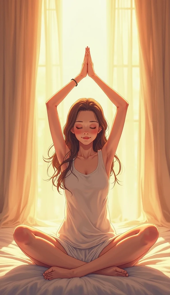 A anime girl in bed doing yoga
