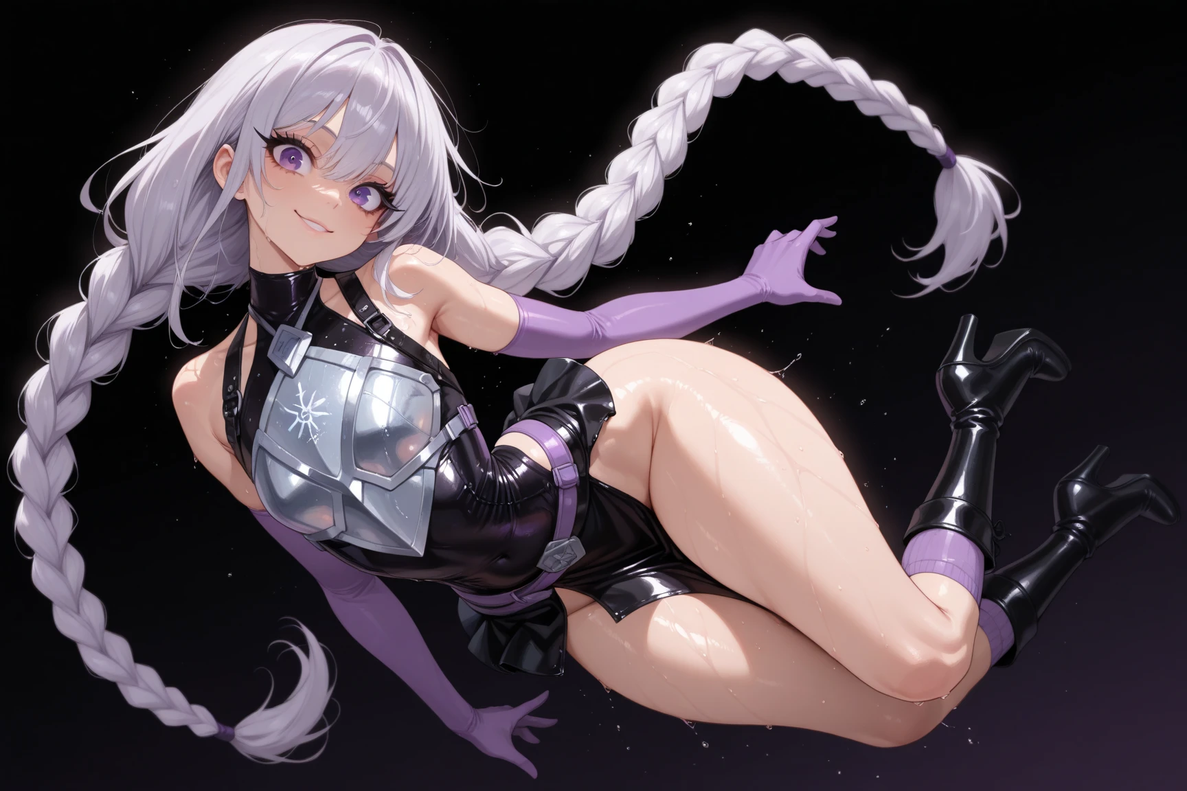 anime style, small breasts, 1girl, woman, grinning amazon ranger, (muscular:1.1), (fur armor:1.3), matte white hair, Box Braidsleather cape, handstand, bombshell hair, purple hair, Retro Waves,ahoge, soft body, wide hips, narrow waist, small breasts, caucasian<lora:EnvyThiccXL01:1>