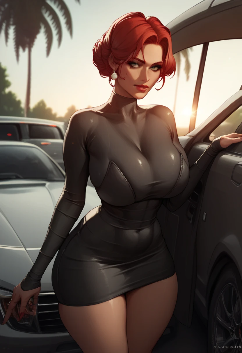 (1 girl, solo, (sexy walking from behind) ), (girl is (redhead long hair), perfect body, detailed olive eyes, sunglasses, (one shoulder gold mini dress, cleavage) ), (background, garage)