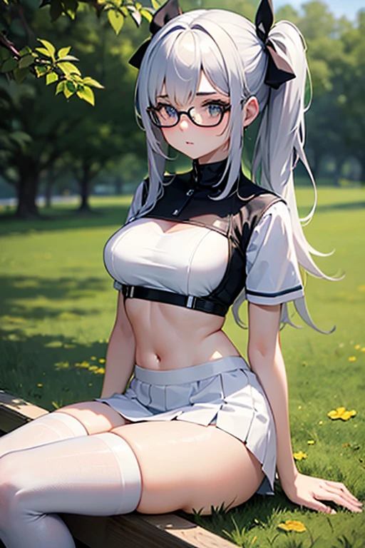 (((masterpiece))), ShizukaMikazuki, One Girl, alone, View your audience, Long Hair, Gray Hair, Long sleeve, Cleavage, Quite large breasts, Close your mouth, clavicle, Mature Body,Abdominal muscles,Blushing,Blouson, Open clothes, open Blouson, blue Blouson,Black sports bra,Black hot pants, Play sports often, Bicycle in the background,blue eyes,natural Park,Shooting from an angle
