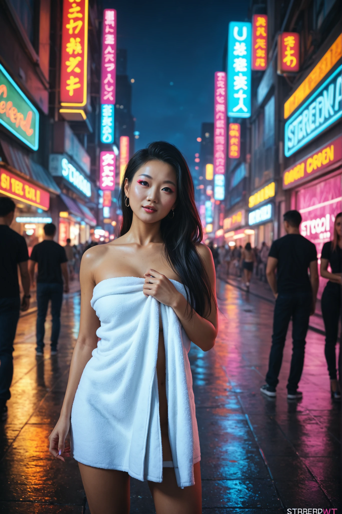 sfw:2, Asian woman on crowded cyberpunk neon street wearing towel, long hair, vibrant neon colors