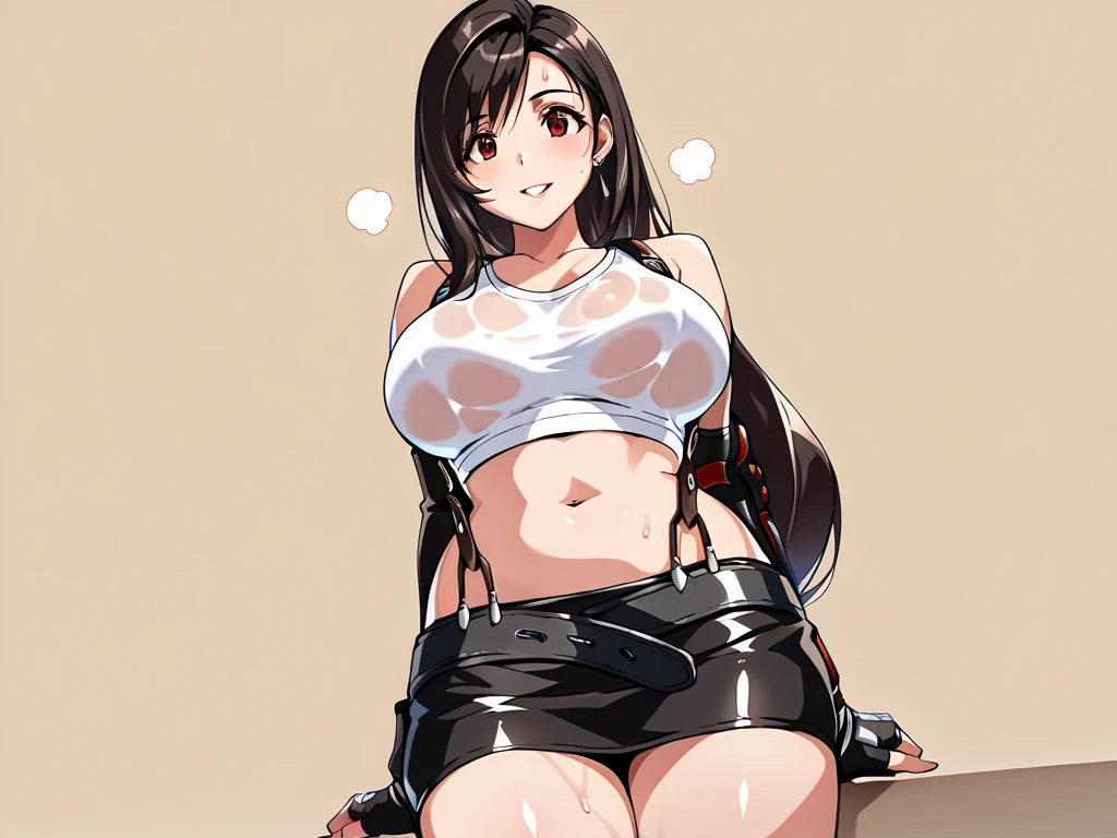 score_10, score_9, score_8_up, score_7_up, BREAK, source_anime, anime screencap, anime coloring, looking at viewer, dutch angle, solo, 1girl, (Tifa Lockhart), smile, (very tight white shirt, black micro skirt), (tarechichi, huge sagging breast), long erect nipples, dirty dark large areola, puffy nipples, milf, underarm black hair damp with sweat, natural armpit hair, Unshaven black Pubic Hair, skinny, slim, standing