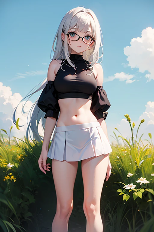 realistic image, coherent image, detailed image, 1 beautiful girl. She has silver hair, long hair, purple eyes, long eyelashes. Her face is oval and delicate, smiling. She is wearing a sleeveless t-shirt, bare midriff, plaid pleated mini skirt, sneakers, witch hat. She has a curvy body, medium breasts, thick thighs, background of a mountainous landscape, surrounded by mountains, natural lighting, volumetric lighting,