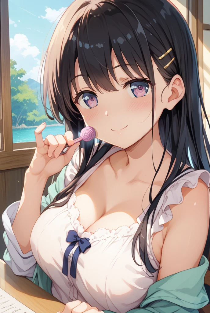 highest quality, masterpiece, High resolution, 一人in, {naganami_Fleet Collection:1.15}, colorful_hair, pink_hair, black_hair, length_hair, 2 tone_hair, yellow_eye, smile, teeth, wavy_hair, ribbon, Open_mouth, bow, blush, chest, hair_, 1 girl, bowtie, gloves, hairband, shirt, white_hairband, white_shirt, Brown_gloves, fingerless_gloves, short_sleeve,blouse, big_chest, skirt, hair_Down, looking for_in_viewer, School_uniform, purple_vest, (From above:1.2), bent down, blush, smile,perfect lighting, ((bra))