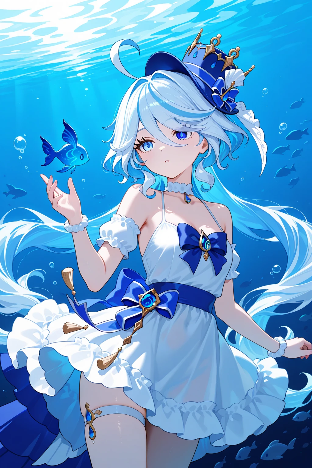girl,(light purple silver hair:1.2),(Beautiful clear blue eyes:1.2),((Underwater sparkling:1.3)),((水中に光が差し込んでとても綺麗でfantasy:1.3)),((swimming with fish and dolphins:1.2)),((aquarium background:1.1)),((high resolution:1.5)),((fantasy:1.2))