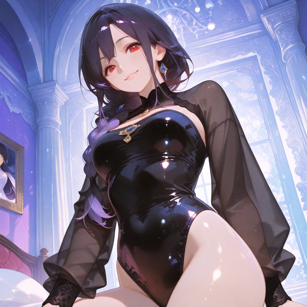 Soft Light, masterpiece, Highest quality,(finely detail),nsfw, armpit, (miyu edelfelt), anus, clothes reflecting light, detailed body, brown eyes, hair between eyes, black hair, medium hair, hair ribbon, x-shaped hair ornament, small breasts, (erectile nipples), sidelocks, twin tails, kawaii, magical girl , clothing cutout, side cutout, detached long sleeves, (purple leotard), thin thighs, white cape, 1 girl, 独奏, (masterpiece, best quality, 8K:1.2), (high quality), (no skirt)