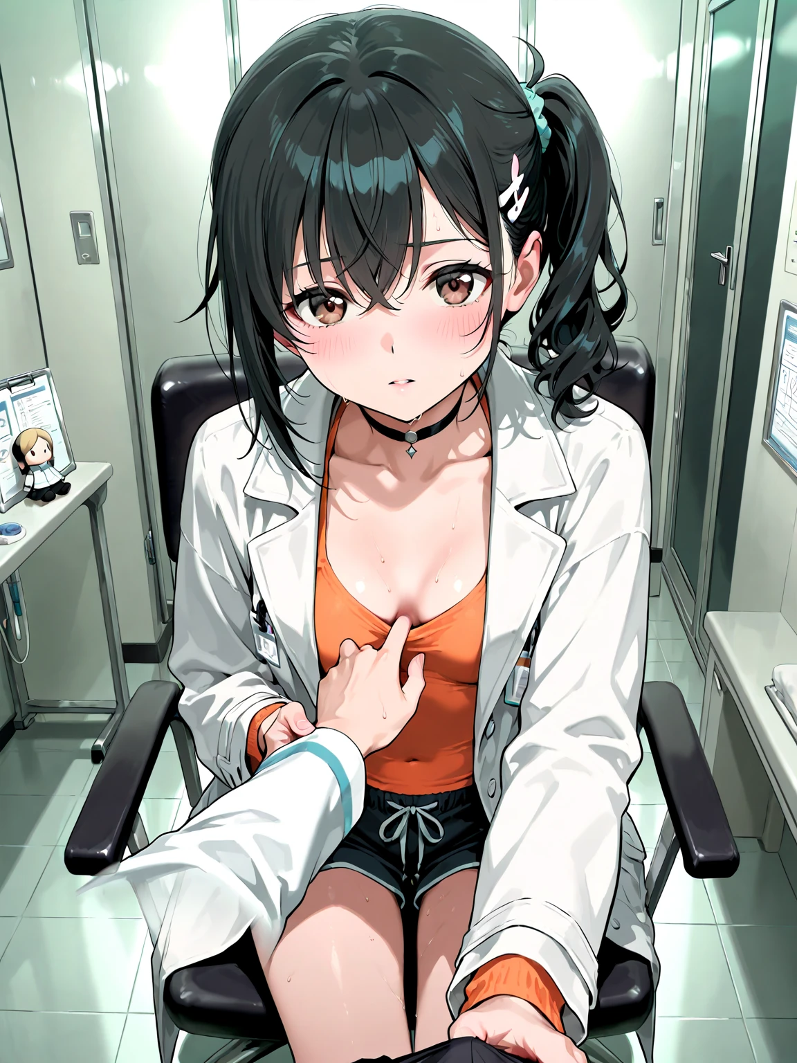 1 girl, short hair, brown hair, brown eyes, circular glasses, angry expression, annoyed expression, nurse outfit, giving a blowjob to the viewer, deepthroat blowjob, deepthroat blowjob pov, tears in her eyes, 8k, best quality 