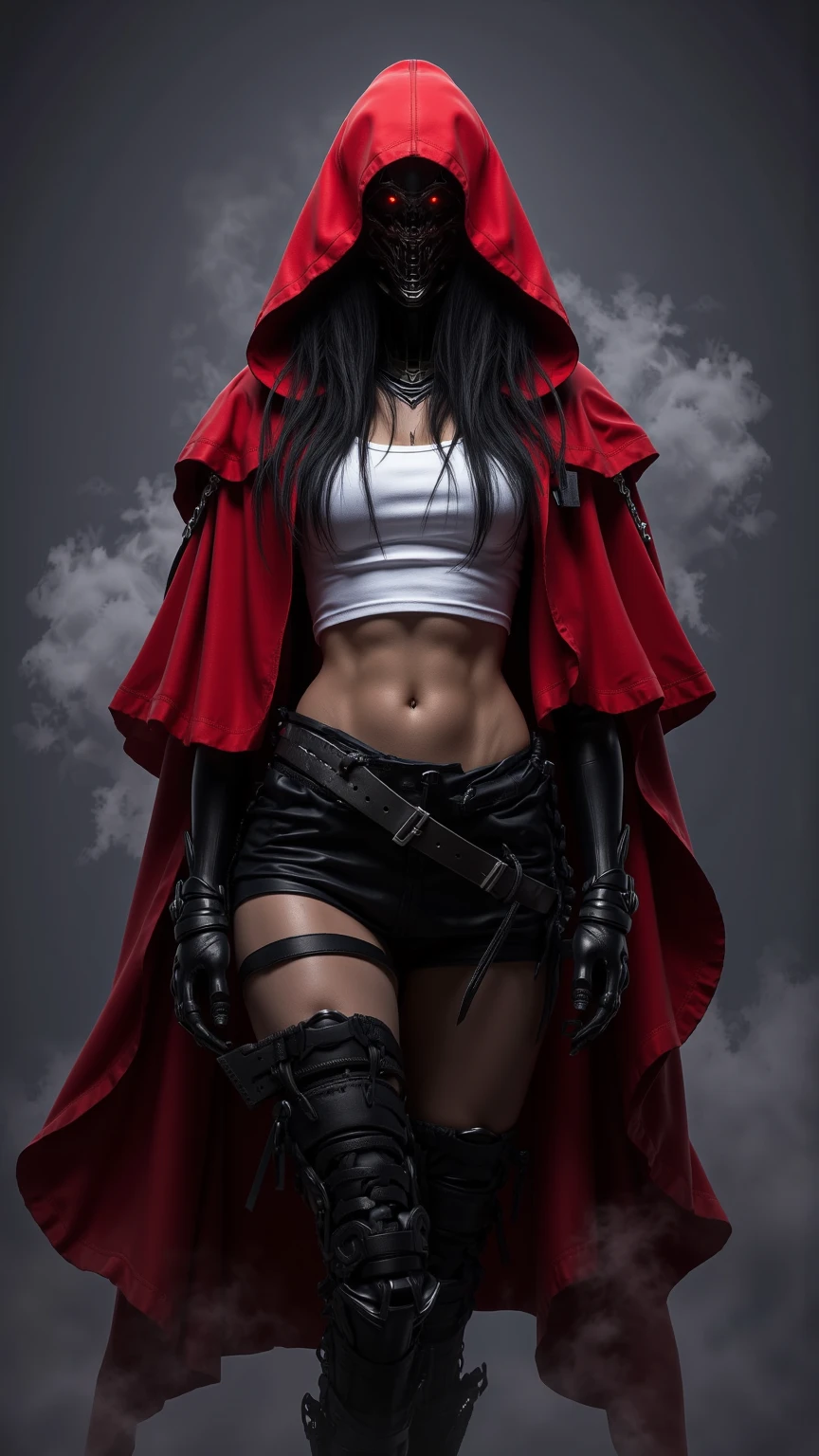 Andrea is a beautiful American woman, (best quality), (masterpiece), (adult), (beautiful face), (random colors), punk aesthetic, showing off her perfect athletic body, clean face, tiny leather shorts, white t-shirt ripped at the breasts with red lingerie showing underneath, jacket with spikes, in the style of Simon Bisley for the cover of Heavy Metal magazine, spectacular graphics, Mad Max clothing, metal shoulder protection with exposed rivets and screws, dark random colors with white stars and red and white checkerboard pattern, armor, full of thorns, (((from the knee up))), in the background an abandoned factory in the desert