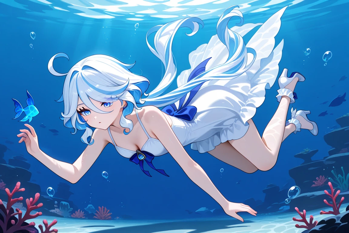 (((masterpiece))), (((best quality))), ((ultra-detailed)), (highly detailed CG illustration), ((an extremely delicate and beautiful)),In the sea,Seaweed sways,Colorful fish,Colorful corals,One Girl,In the seaを泳いでいる,White swimsuit,One piece swimsuit,Ruffled swimsuit,Silver Hair,Medium Hair,smile