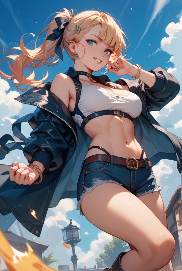 best quality, masterpiece,game cg, 8k, 1girl, solo,smooth skin,large breasts,blonde hair, green eyes,glowing eyes, floating hair,
open jacket,front-tie top, shirt, torn jeans, falling, wind,falling from sky,
blue sky, above clouds,