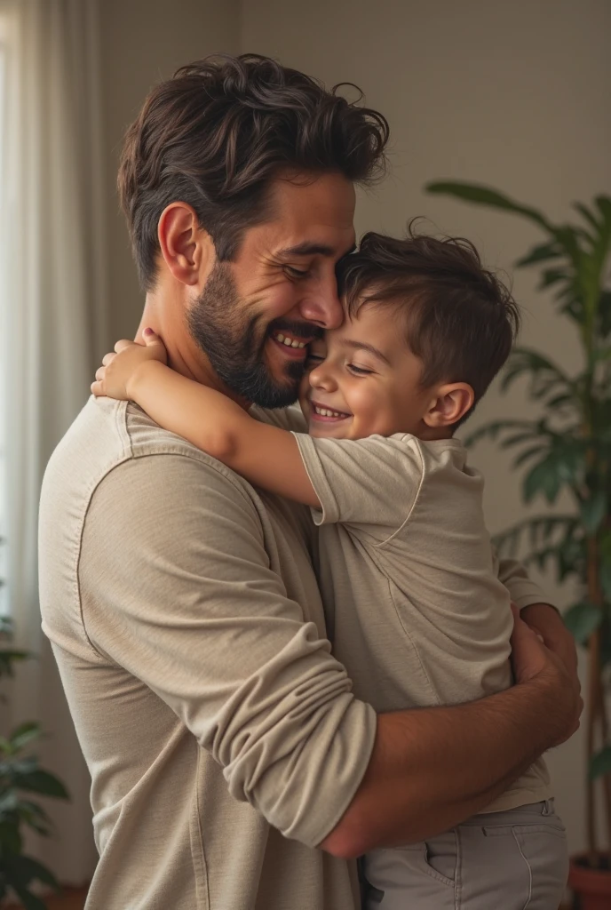 ((best quality)), ((masterpiece)), ((realistic cartoon)), ((perfect character)) - A heartwarming portrait capturing the love between a father and his 3-year-old son. The father, with a beard and graying hair, holds his little boy lovingly in his arms. Their happy expressions radiate joy and warmth, creating a scene of pure affection and connection. The image is meticulously detailed, rendered in UHD resolution with stunning realism, allowing every emotion and feature to shine through in this touching portrayal of a father and his son.