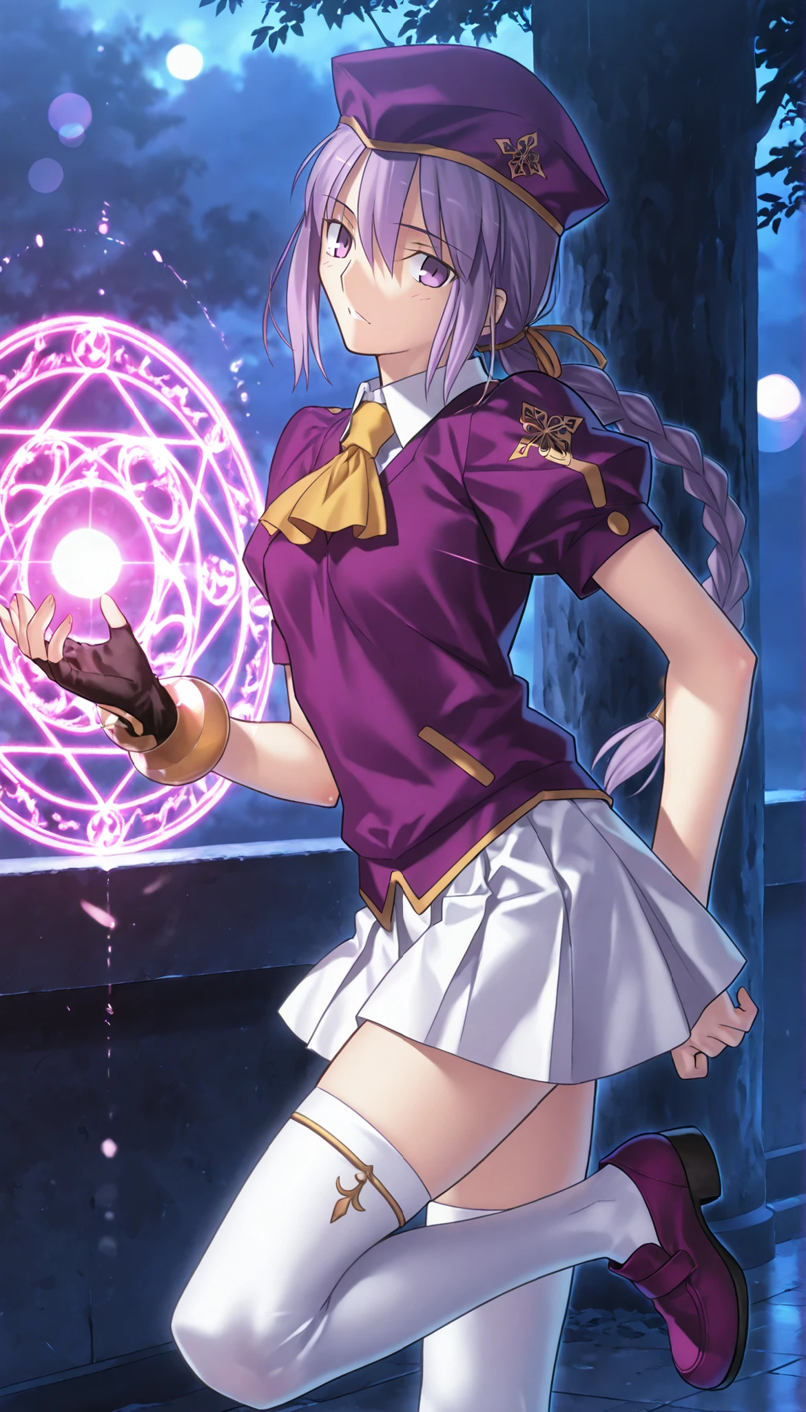 masterpiece, , absurdres, highres, detailed background, high resolution, masterpiece, necessary, detail, best quality, quality, necessary, details, High details, Precise, dark, outdoors, (Fjord, Norway), lens flare, blurry background, from side ,
1girl, Takeuchi Takashi (type-moon,tsukihime) style, takeuchi takashi style, (aged up), (standing on one leg), leaning forward,
girl, (mature, slender body, slim arms, slim bod), (Sion) Eltnum (Atlasia) ,sion eltnam atlasia,(fate), purple hair , purple eyes, half-closed eyes, tsurime, hair between eyes ,long bang, long hair , braided hair , braided ponytail , yellow ribbon , EltnumOutfit ,small breasts, light purple sweater ,puffy short sleeves, collared undershirt , white undershirt , undershirt , yellow ascot ,(short sleeve), ,white skirt ,miniskirt , gold trim ,white thighhighs ,single glove ,fingerless glove, black glove ,dark purple beret, ,((head tilt)), looking at viewer,(small breasts), touching magic circle,