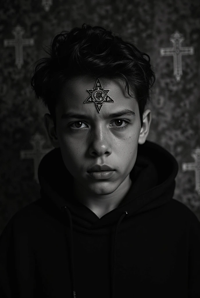 A black and white portrait of a with a serious and penetrating expression. The boy has a slightly illuminated face in a dark and gloomy environment, with deep shadows around his face to accentuate the darkness. On his forehead there is an inverted pentagram, that shines faintly, giving it a mysterious and esoteric air. His gaze is intense, conveying a sense of unease. The background is black with a grainy texture, and additional details such as inverted crosses and sinister figures barely visible in the darkness. The image has a high contrast, with white areas that stand out intensely against the deep shadows, keeping a dark vibe