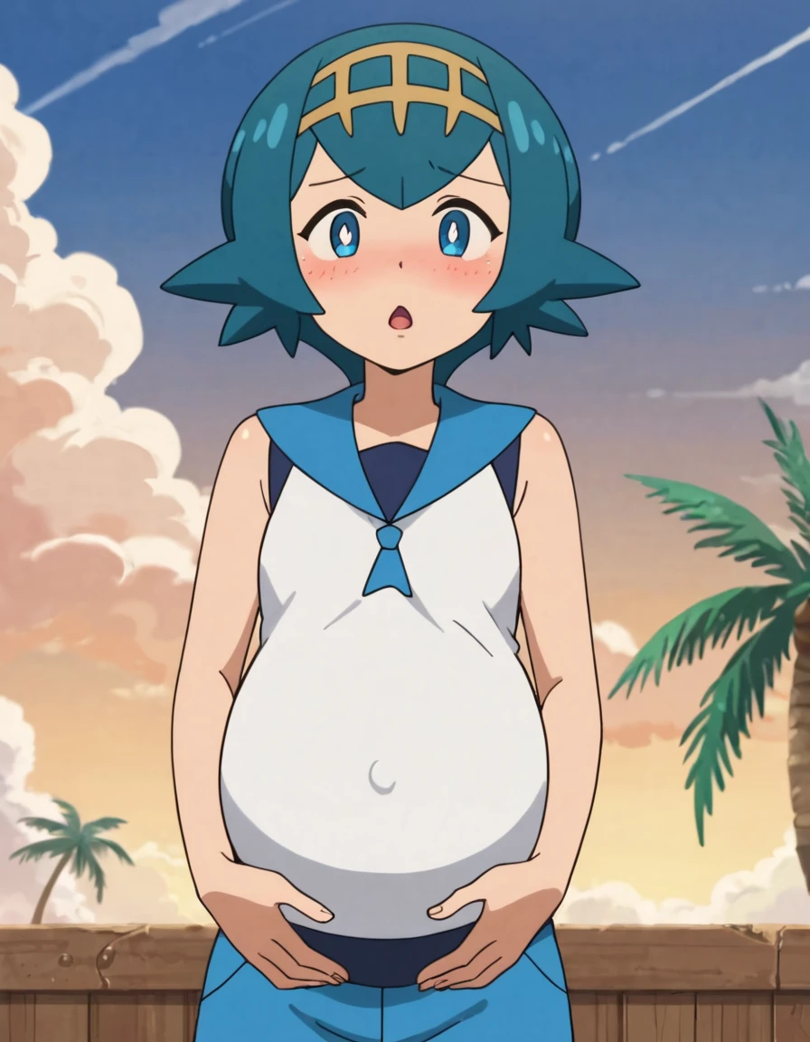 masterpiece, best quality, highres, 1girl, solo, dawn (pokemon), outdoors, bare shoulders, smile, playa, fondo de playa, sonrisa, bikini, microbikini, micro bikini, pink bikini, pregnant, embarazada, vientre de embarazo, barriga de embarazada.