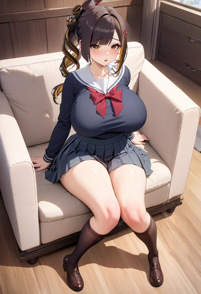 (masterpiece:1.1, Best Quality:1.1, 16K HDR, High resolution), (1girl in, Solo), (Super realistic portrait of Miyuki se, The Kindaichi case file), (Red ribbon around the neck, School Blazer, High School Uniform, Mini skirt), ultra gigantic tits, ultra huge cleavage, ultra gigantic tits, Super huge boobs, (in bungalow, in cottage, bed, snow mountains), (Perfect slim body), hyper derailed face, Detailed eyes, Realistic skin texture, ((squatting up skirt pose, Open legs)), (flashing tits and nipples),