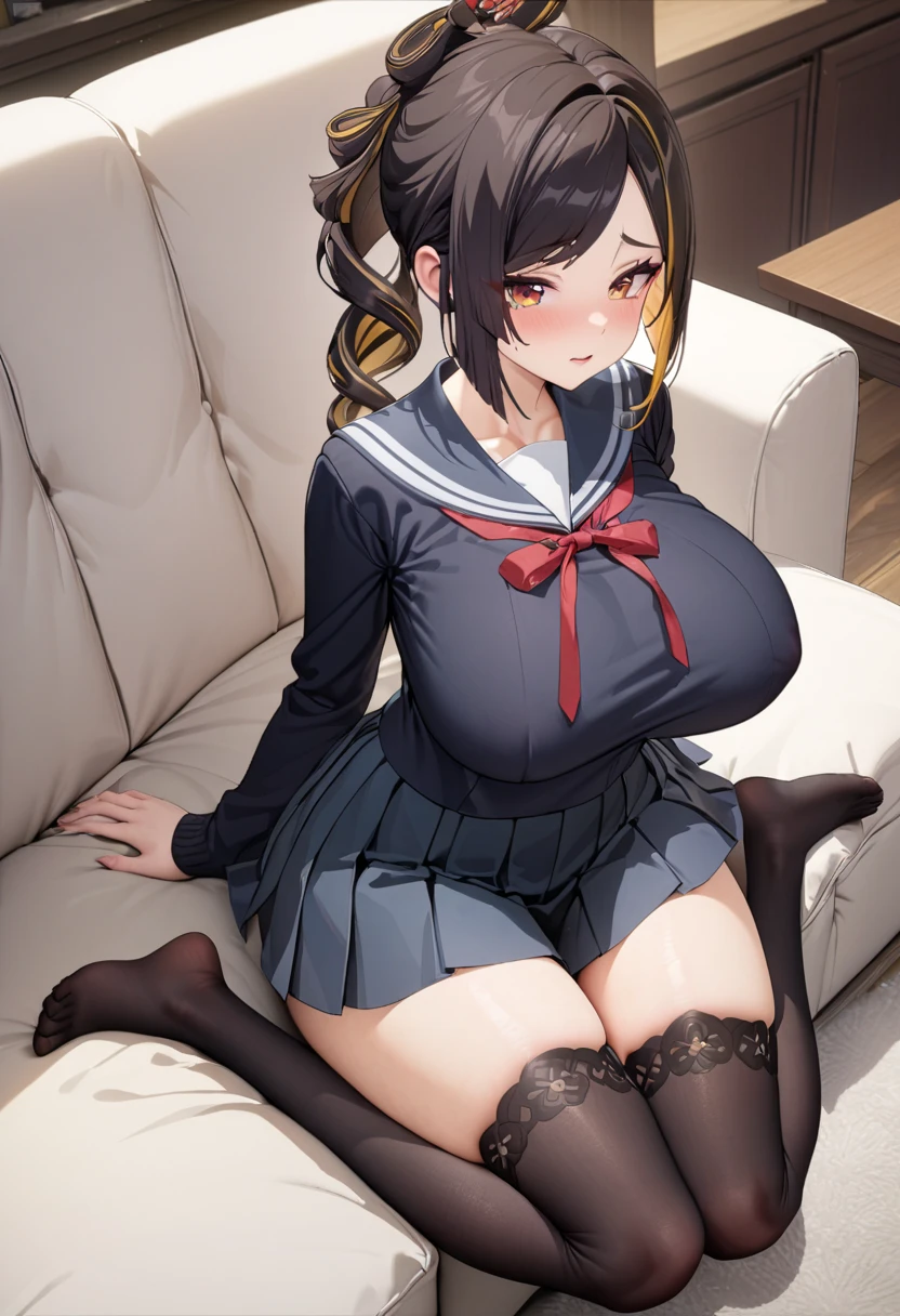 (8k,Super RAW photo, best quality, masterpiece, soft cinematic lighting, soft color:1.4),(from above:1.8),( POV,looking at viewer:1.7),(detaileds beautiful eyes focus,Close-up beautiful eyes:1.6),(realistic), (dark room,A room full of sex toys background:1.8), (solo, mature woman,19years old,super beautiful face,super detaild beautiful eyes :1.5), {sailor uniform:1.1),(show off nipple:0.5),low-cut miniskirt,sheer :1.3}, (embarrassed,red Cheeks:1.25), clean skin, (smaller butt:0.5),(coverd nipple:0.8),(sagging huge long wide heavy breasts:1.5),(under boob:1.8), (thick, curvy:1.35),(1boy,sex,open leg:1.5),(open mouth:1.2),(arms behind back:0.8),(sitting,on side:1.7),